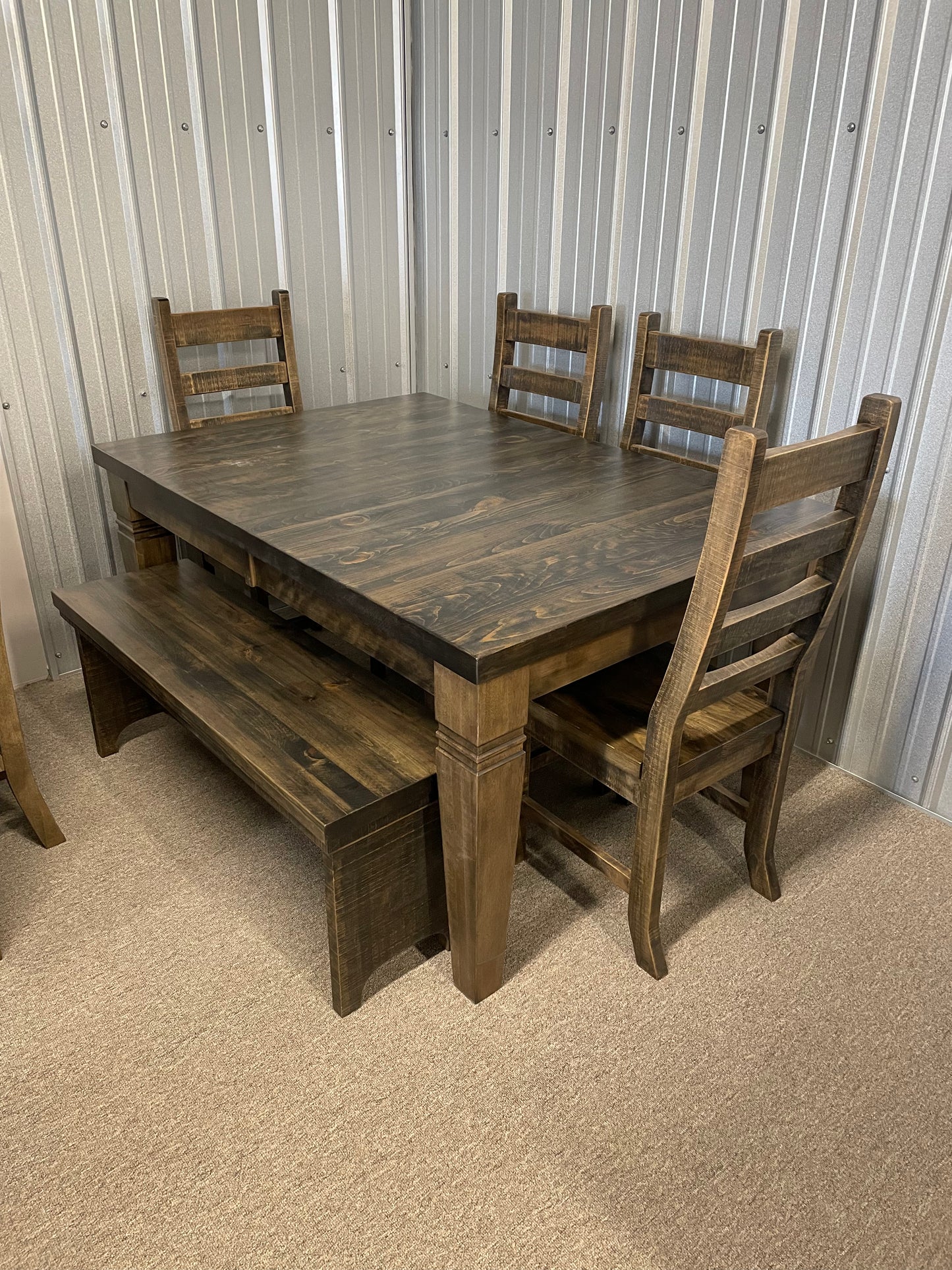 Rustic Pine R431P Harvest Table & 4 Rustic Ladder Back Chairs in Rome Finish With Bench S-001