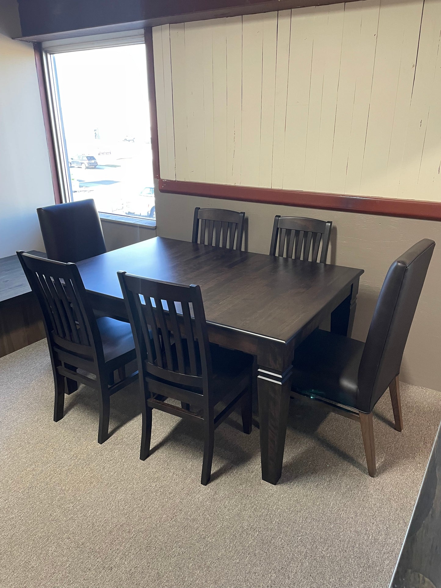 Smooth Birch D431B Harvest Table, 4 Scholar Chairs in Guinness Finish & 2 Chocolate Parson Chairs S-436