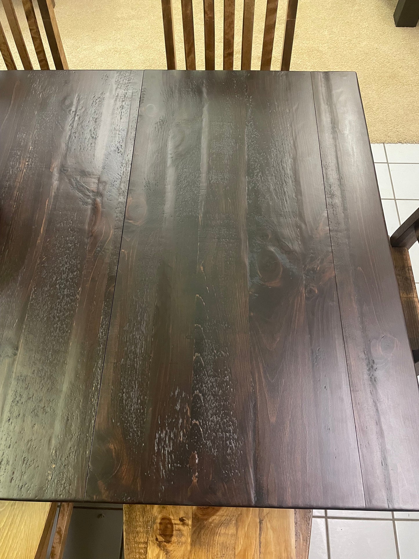Rustic Pine R452P Super Table, 2 Rustic Slat Back Chairs, & 12 761B Scholar Chairs in Bourbon and Black Walnut Finish S-452