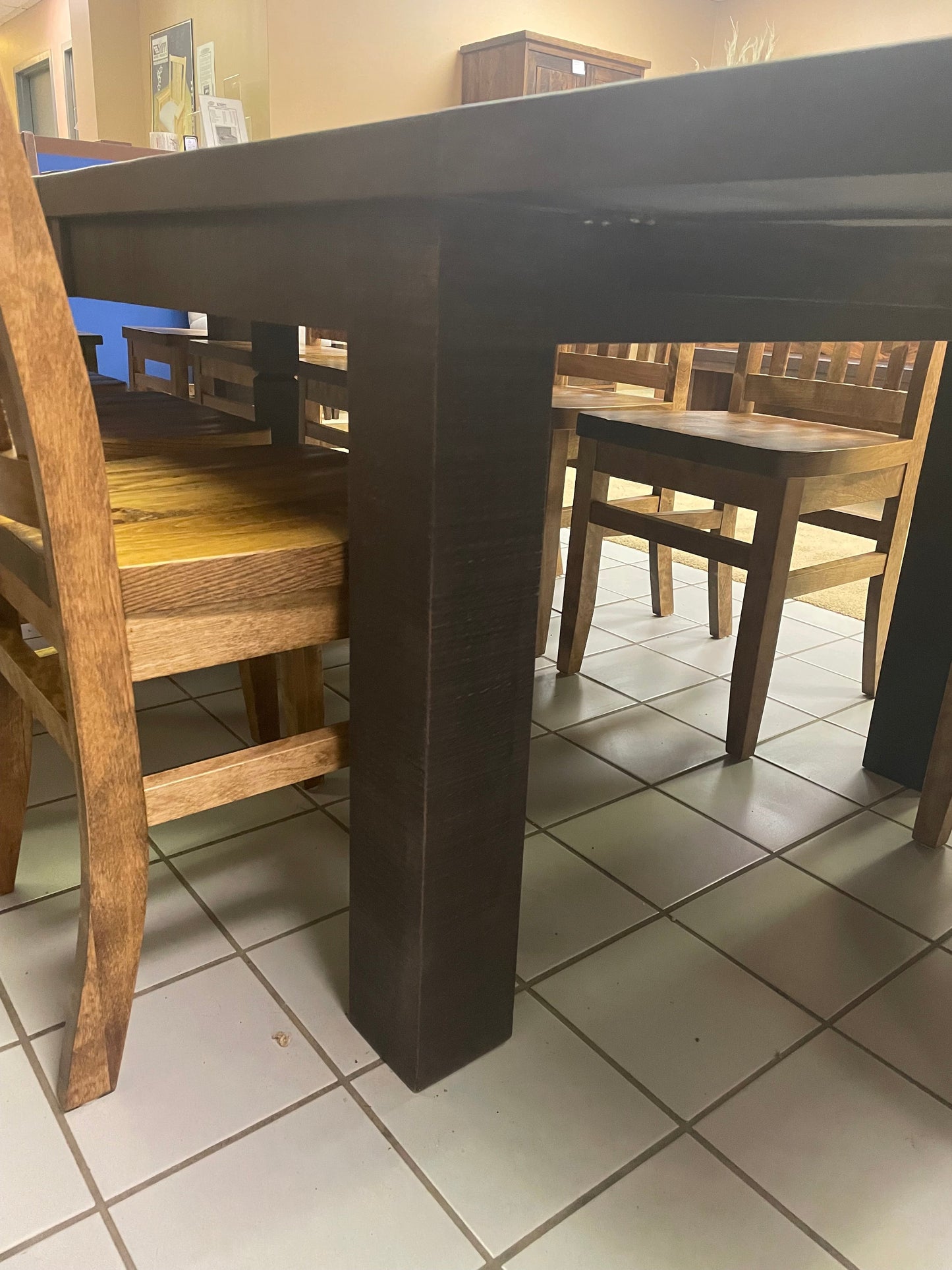 Rustic Pine R452P Super Table, 2 Rustic Slat Back Chairs, & 12 761B Scholar Chairs in Bourbon and Black Walnut Finish S-452