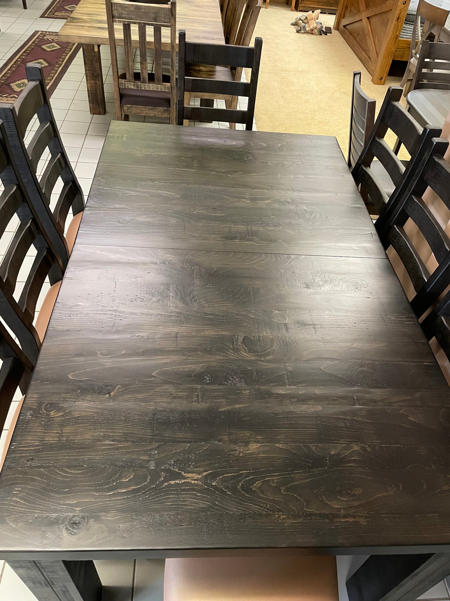 Rustic Pine R449P Harvest Table & 8 Rustic Ladder Back Chairs Ebony Finish S-477