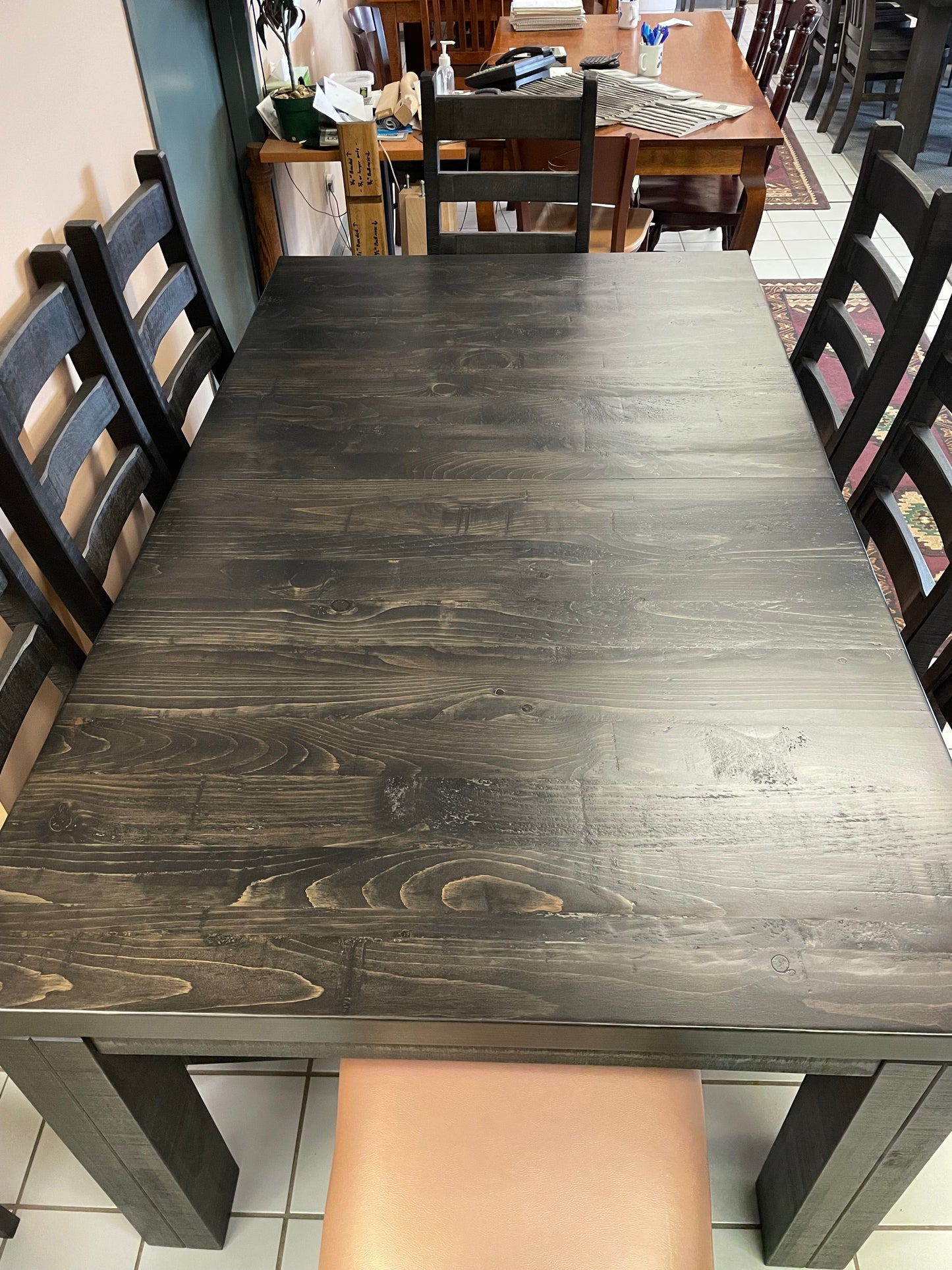 Rustic Pine R449P Harvest Table & 8 Rustic Ladder Back Chairs Ebony Finish S-477