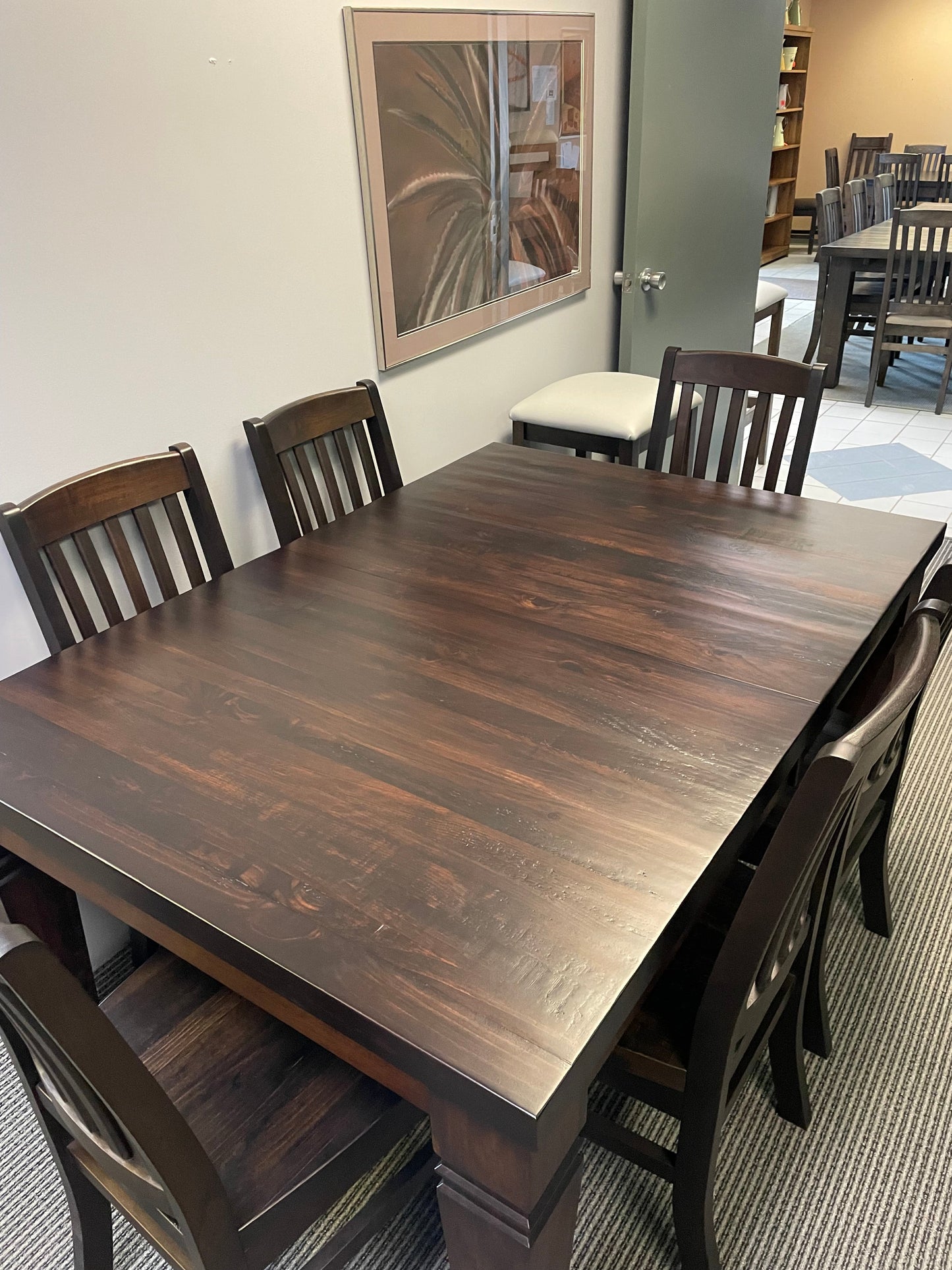 Rustic Pine R431P Harvest Table in Bourbon Finish & 6 Rustic Walnut Scholar Chairs in Guinness Finish S-488