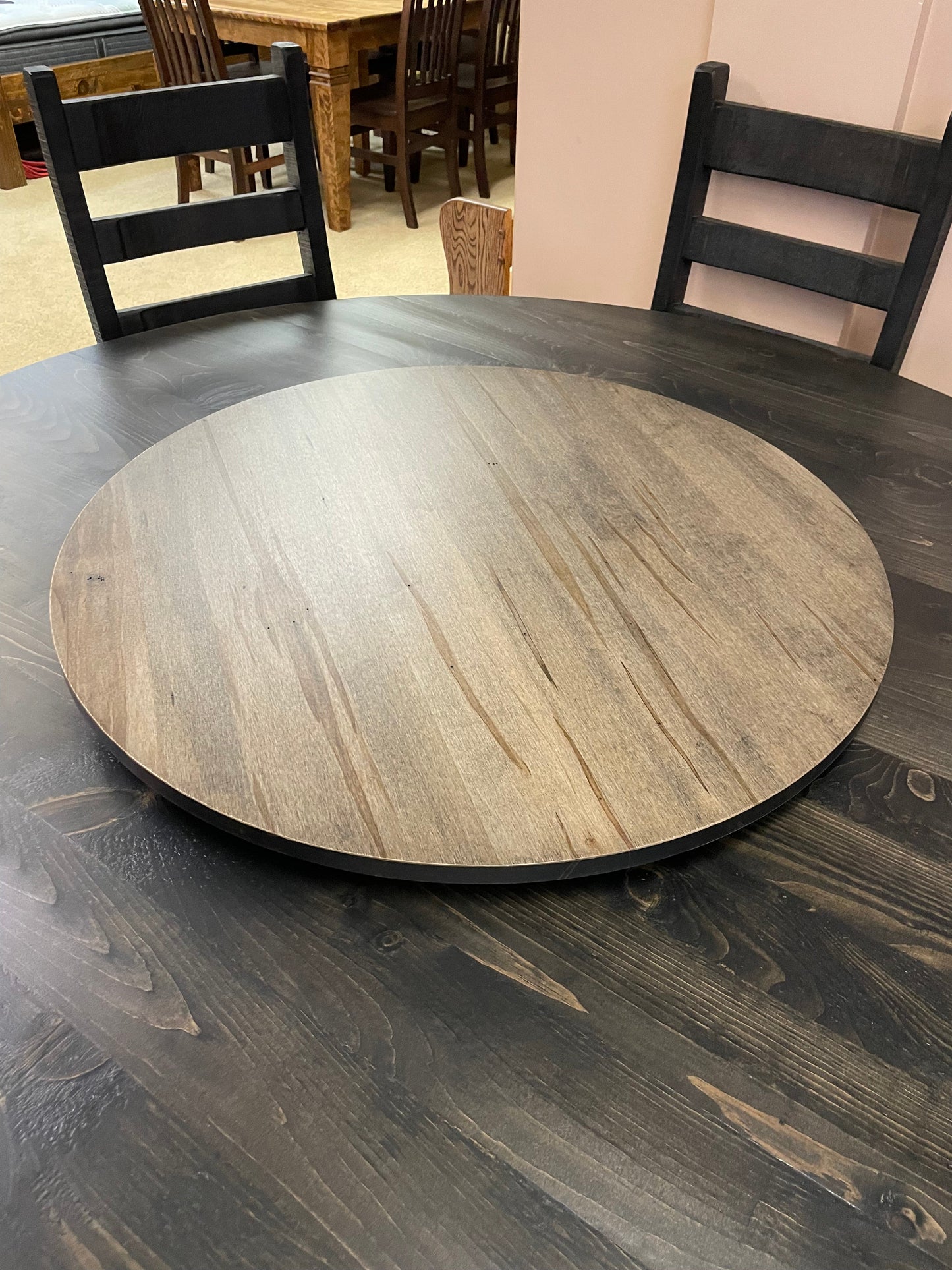 Rustic Pine R555P 60" Round Solid Top Table, 6 Rustic Ladder-Back Chairs in Ebony Finish & Lazy Susan in Rome Finish S-719