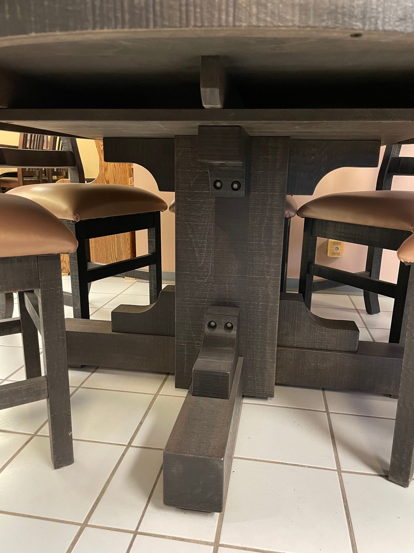 Rustic Pine R555P 60" Round Solid Top Table, 6 Rustic Ladder-Back Chairs in Ebony Finish & Lazy Susan in Rome Finish S-719