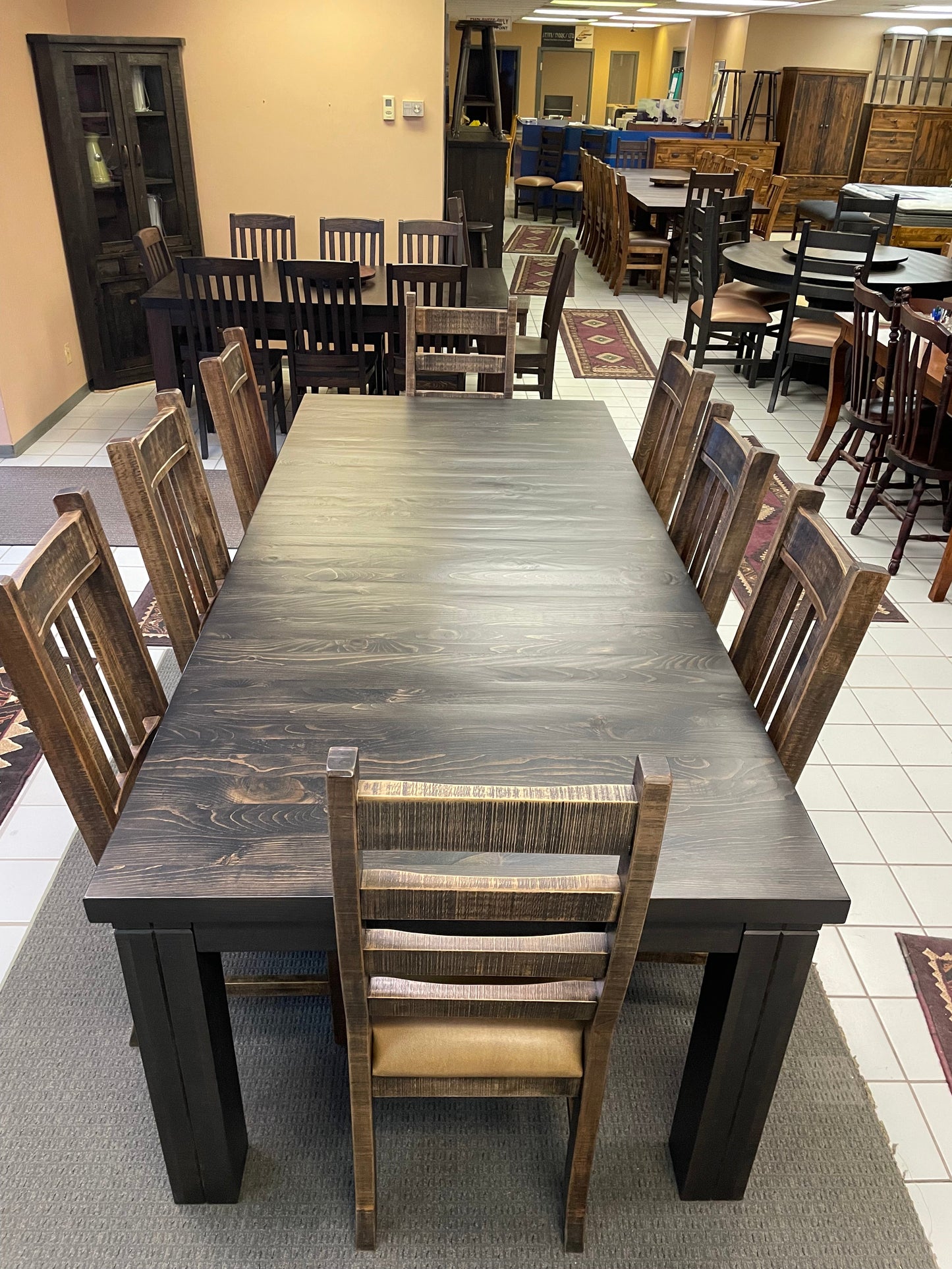 Rustic Pine R455P Monster Table in Ebony Finish & 2 Rustic Ladder Back Chairs & 6 Rustic Slat Back Chairs in Rome Finish S-720