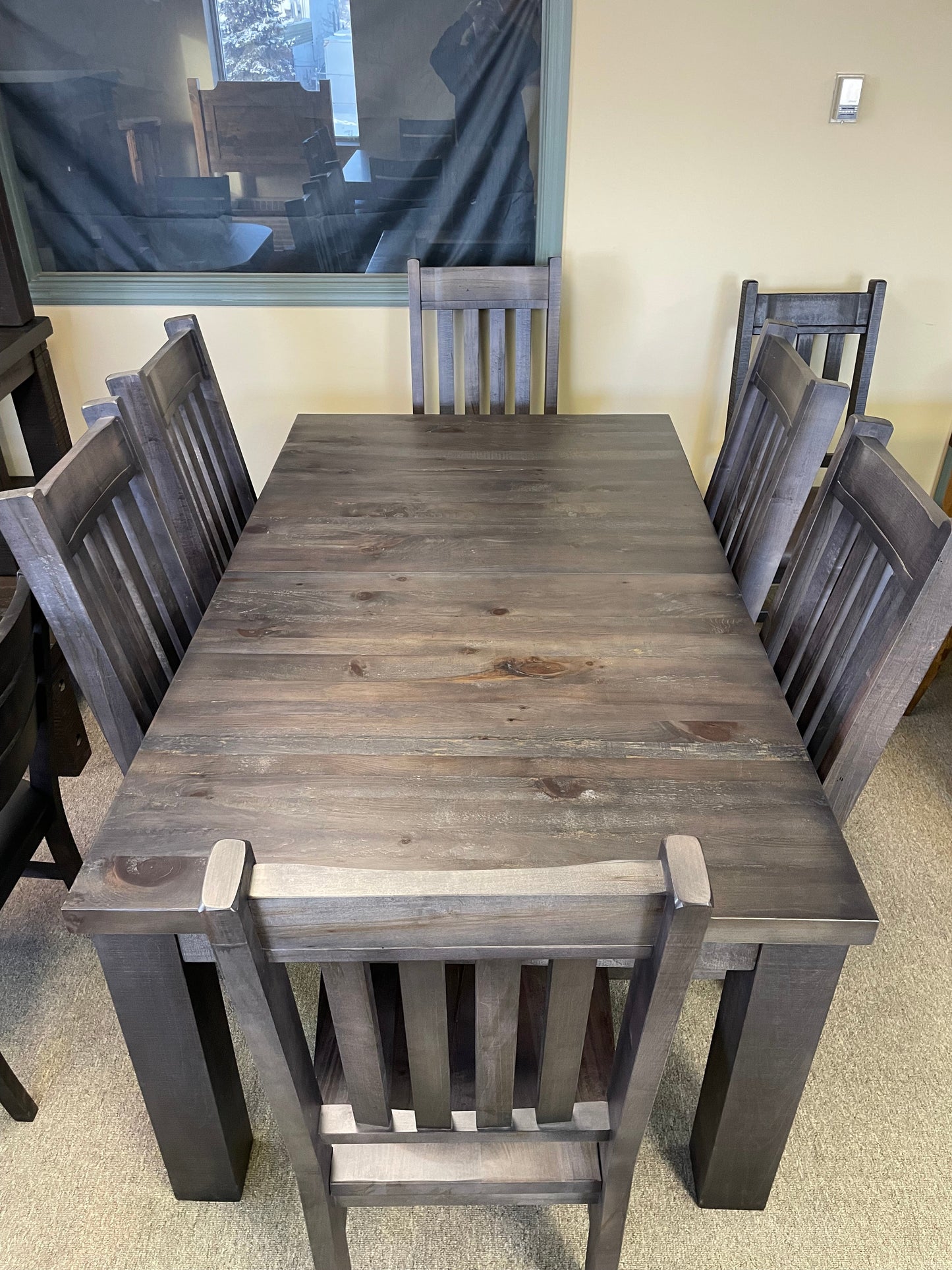Rustic Pine R449P Harvest Table & 6 Yukon Chairs Smoke Finish S-715